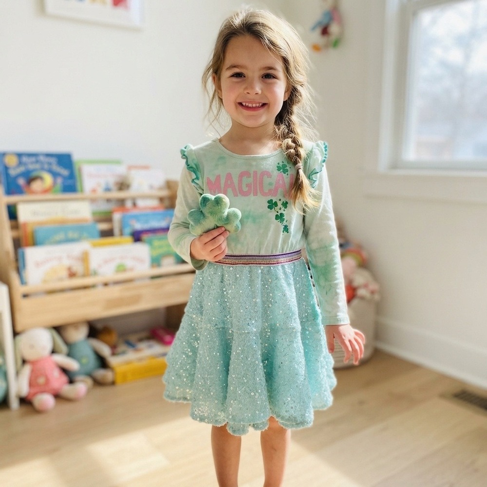 Truly Me Long Sleeve Dress Kids 6 Green Good Magical Shamrock Sequin Skirt